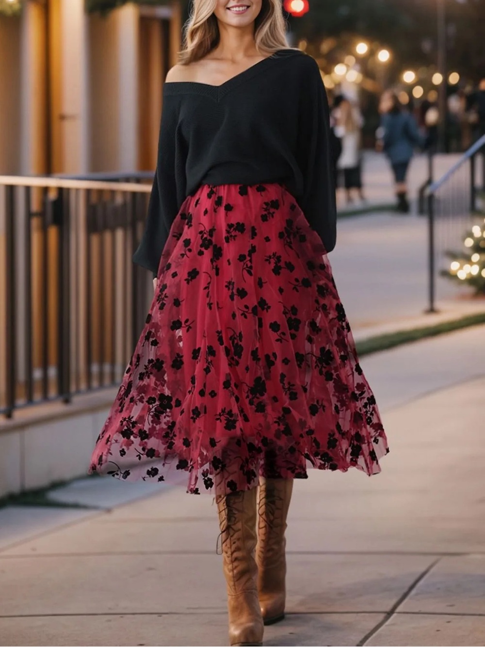 Chicwish Plus 3D Posy Double-layered Mesh Midi Skirt In Red & Black Velvet